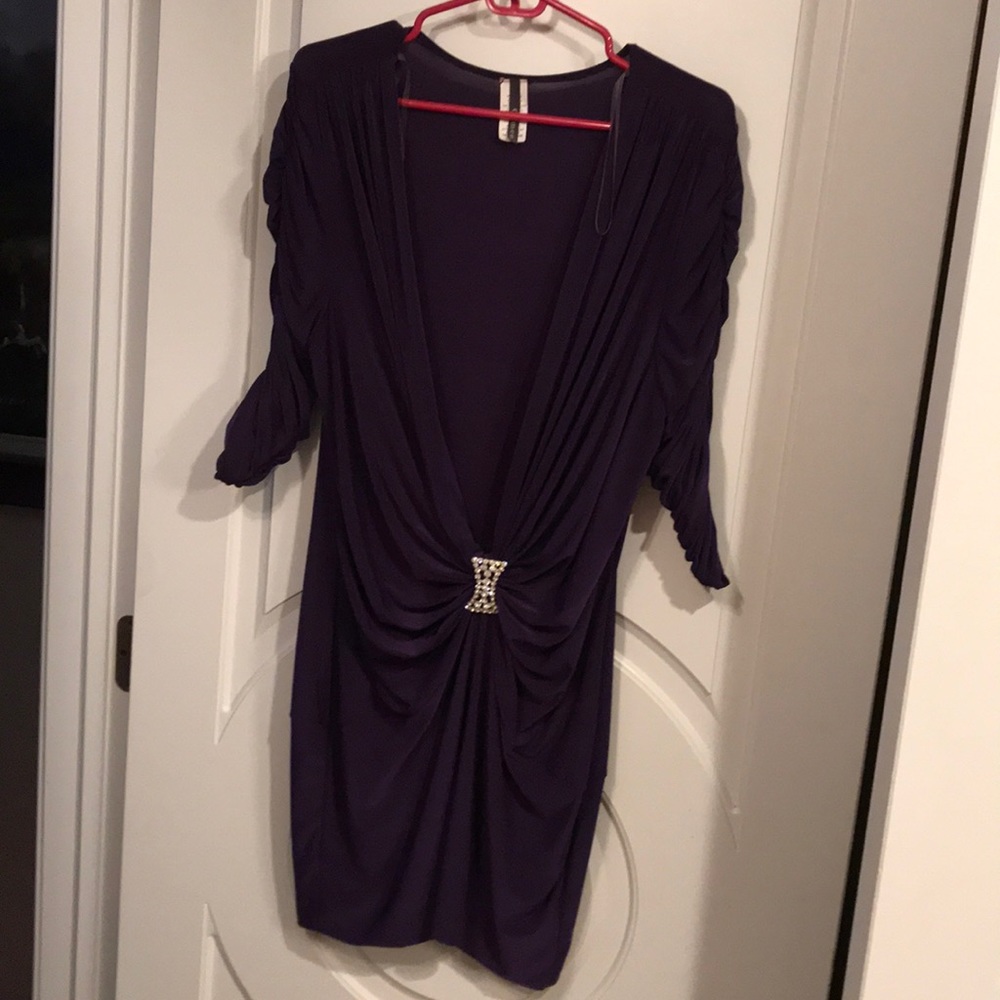 Plum purple 3x gathered dress with bling broach